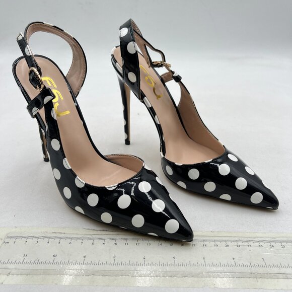 FSJ Black and White Dots Pointed Toe D'Orsay High Heel Slingback Pumps Sandals - Picture 4 of 8